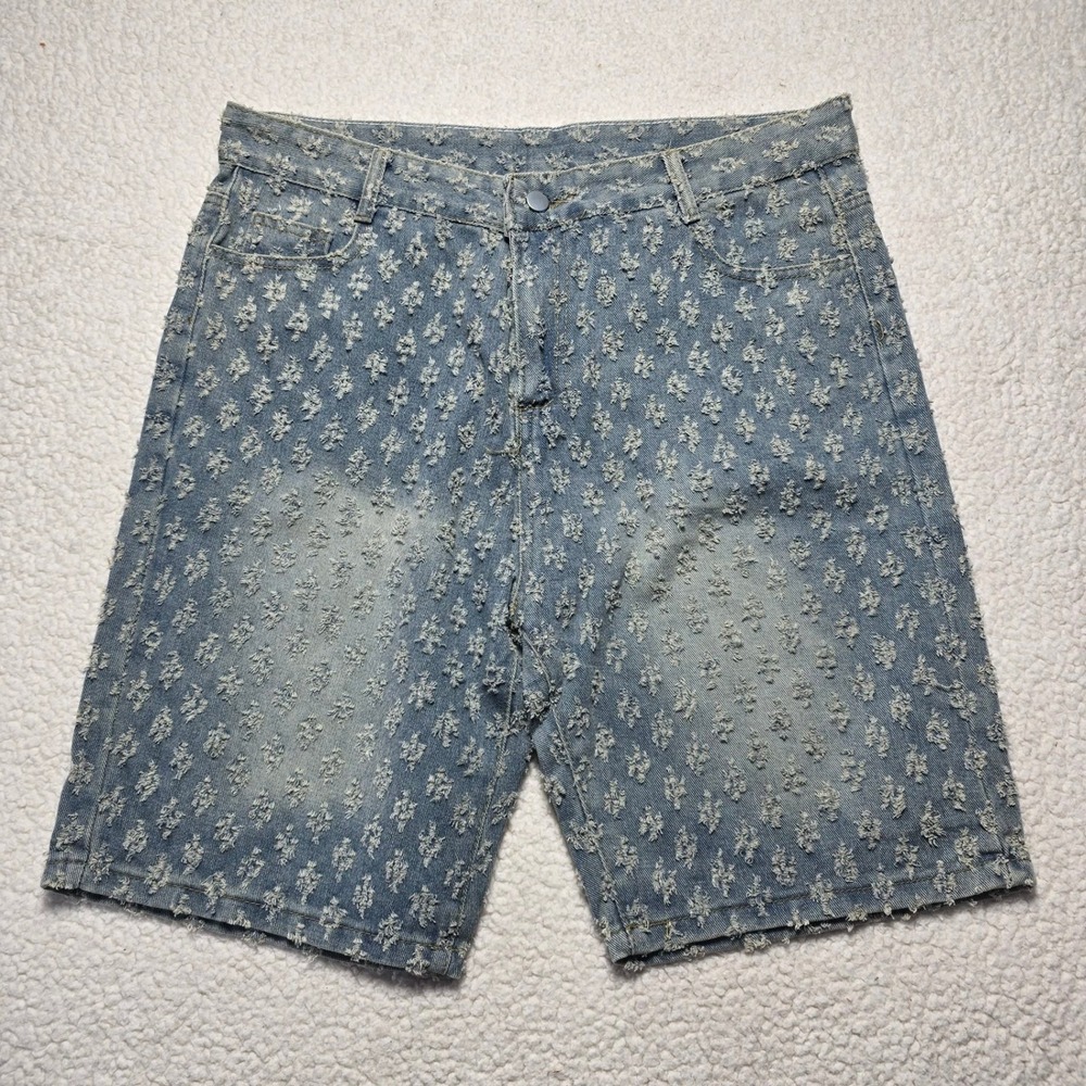 Dudada Unisex Distressed Tufted Denim Shorts Light Blue Streetwear Y2K Style 3XL